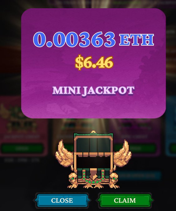 A mobile game screen showing a 'MINI JACKPOT' win of 0.00363 ETH ($6.46) with a pixel-art chest featuring wings and a 'CLAIM' button.