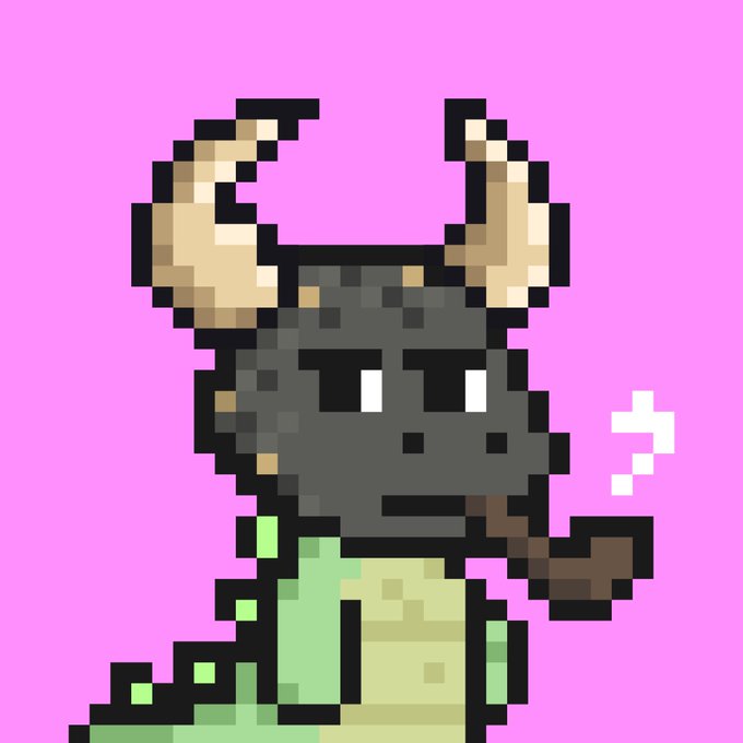 A pixel art illustration shows a black dragon with cream-colored horns smoking a brown pipe, with white smoke curling from its mouth, set against a bright pink background. The whimsical dragon mascot complements the celebratory tone of the post announcing 500,000 HBAR in trading volume on SentX, symbolizing the project's growing strength and the community's milestone achievement.