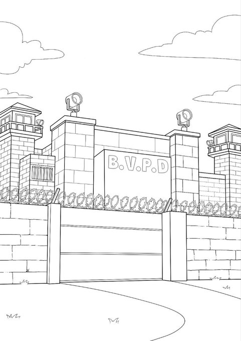 A black-and-white line drawing of a fortress-like building labeled 'B.V.P.D' with guard towers, barbed wire fences, and a closed gate, likely representing a prison.