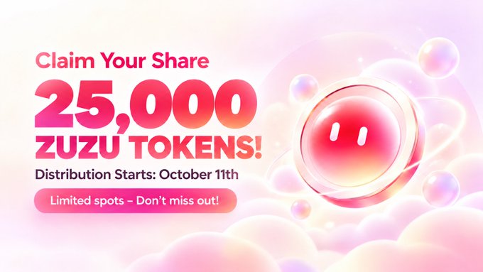 A vibrant pink promotional banner advertises a giveaway of "25,000 ZUZU TOKENS" with distribution starting October 11th, featuring a glossy 3D orb mascot surrounded by floating bubbles—aligning with the post announcing a limited 2,000-wallet airdrop of $ZUZU ahead of its Solana listing on October 12th.