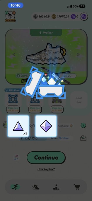 A mobile game app screenshot showing a 'Walker' sneaker at level 29, partially obscured by a pixelated cat sticker, with a 'Continue' button visible.