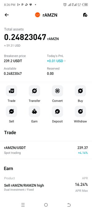 A mobile app screenshot showing a cryptocurrency wallet with 0.24823047 rAMZN tokens, valued at approximately 59.31 USD, with a breakeven price of 239.2 USDT and options for Trade, Transfer, Convert, Buy, Sell, Earn, Deposit, and Withdraw.