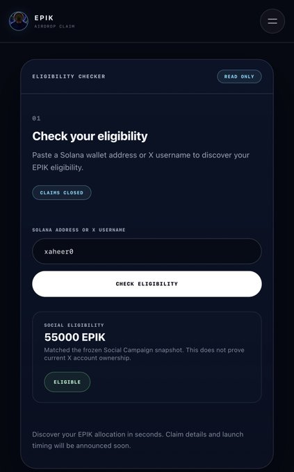 The image shows an EPIK token claim eligibility checker displaying "55,000 EPIK" for the X username "xaheer8," marked as "ELIGIBLE." It relates to the post by showing that creator token allocations have been properly distributed and verified on the official claim portal.