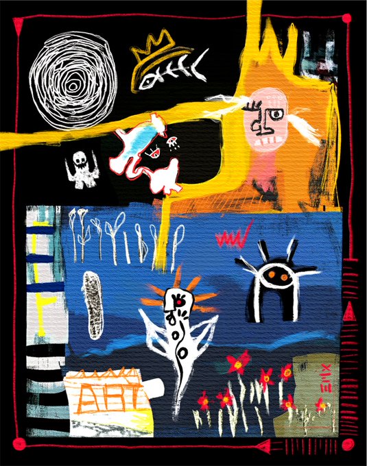 A vibrant, abstract mixed-media artwork featuring bold black, yellow, blue, and red shapes with various doodle-like figures, a crown, and the word 'ART' visible.