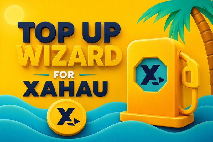 The image features an advertisement for a product called "topup.xahau" that is available for purchase online. The text on the image reads "Top up wizard for Xahau", which suggests that this product can be used as a top-up wizard for the Xahau account, allowing users to automatically manage and top up their reserves when needed.