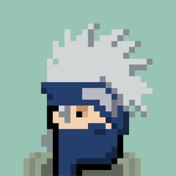A pixel art portrait of a character with messy white hair, a blue headband, and a blue face covering, set against a light teal background.
