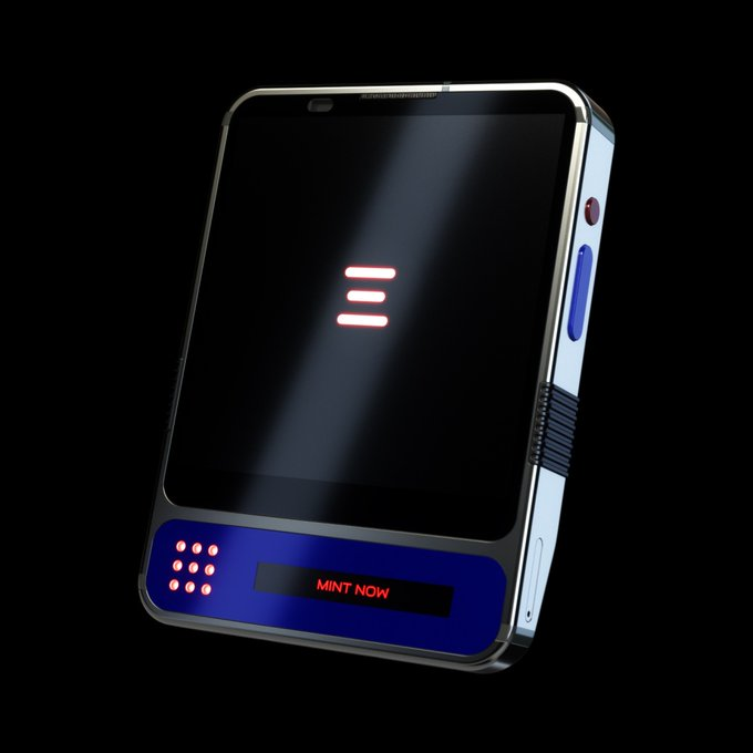 A futuristic handheld electronic device or wallet with a black touchscreen displaying a menu icon, alongside a blue section with 'MINT NOW' text and red indicator lights.