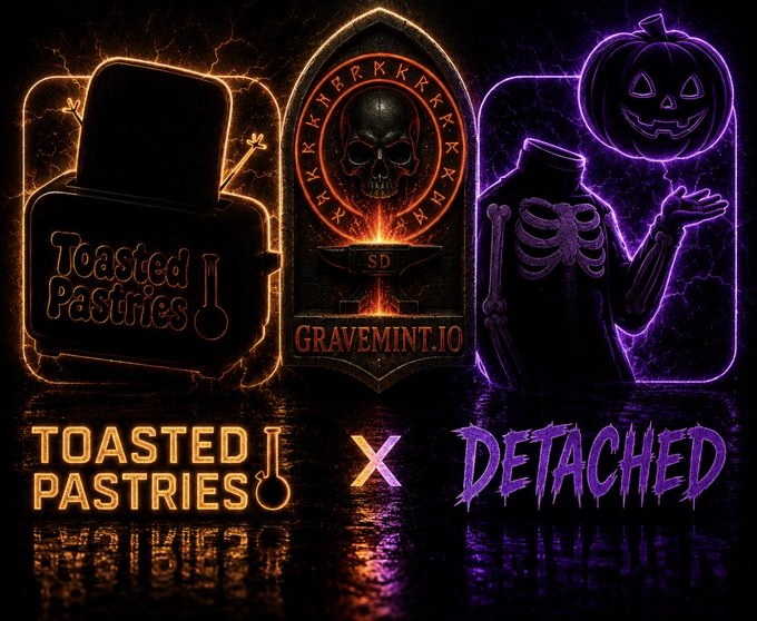 A promotional graphic for a collaboration between 'TOASTED PASTRIES' and 'DETACHED' featuring neon-style Halloween imagery including a skull with 'GRAVEMINT.IO' text, a pumpkin, and a skeleton.