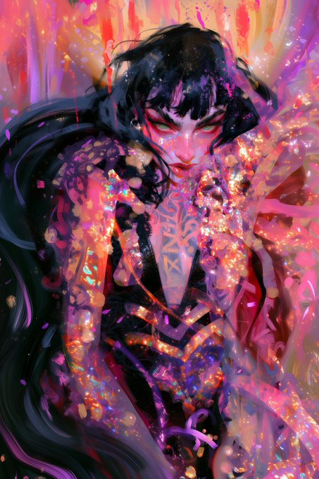 A vibrant, painterly digital portrait of a regal figure with flowing black hair, glowing eyes, and intricate geometric markings on the chest, surrounded by a chaotic burst of pink, orange, and purple hues, matches the post's description of a "Royal Self Portrait" NFT artwork. The text in the image appears as stylized abstract characters rather than legible words, complementing the bold, ethereal aesthetic implied by the title "Royal Self Portrait #33 ➤ 24 OE ➤ OBJKT," which references the piece's edition number and its status as an OBJKT (NFT) on the Tezos platform.