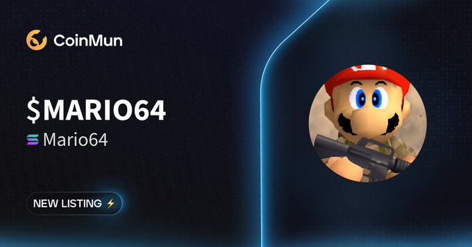 CoinMun announces the new listing of $MARIO64 (Mario64), a Solana-based token, featuring the character's iconic image holding a gun on a dark promotional banner. The post highlights a market cap of $263,860 and directs users to discover the coin on CoinMun's website.