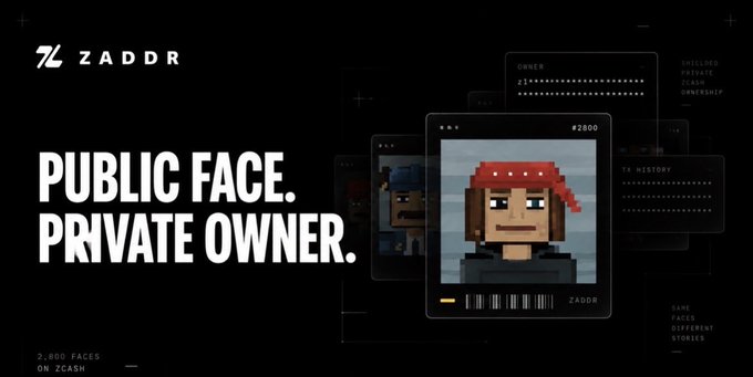 Promotional graphic for 'ZADDR' featuring pixel-art character 'OWNER' with the tagline 'PUBLIC FACE. PRIVATE OWNER.' and '2,800 FACES ON ZCASH,' highlighting blockchain privacy and censorship resistance.