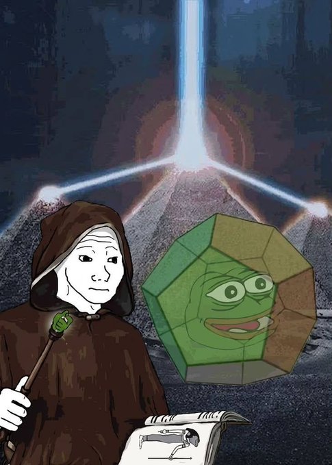 The image depicts a hooded figure resembling a Jedi (styled like Emperor Palpatine from Star Wars) wielding a green lightsaber, sitting beside a green Pepe-frog trapped in a multi-sided crystalline structure, with beams of light converging into a glowing pyramid in the background—symbolizing the "summoning" of a major $ETH rally referenced in the post.