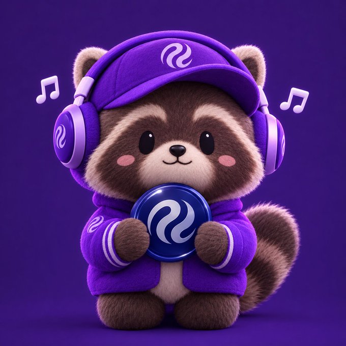 A 3D-rendered red panda mascot wearing a purple cap, hoodie, and headphones holds a blue disc with a wavy logo, accompanied by musical notes.