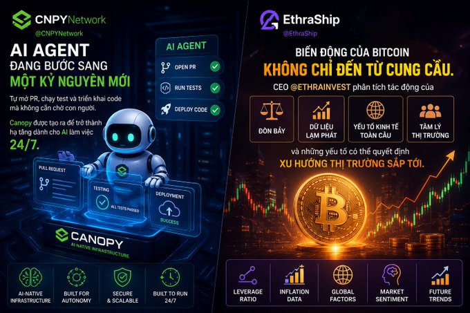 Split promotional graphic featuring 'CNPY Network' (@CNPYNetwork) advertising an AI Agent for code deployment on the left, and 'EthraShip' (@EthraShip) displaying Vietnamese text about Bitcoin price movements driven by leverage, inflation, global factors, market sentiment, and future trends on the right.