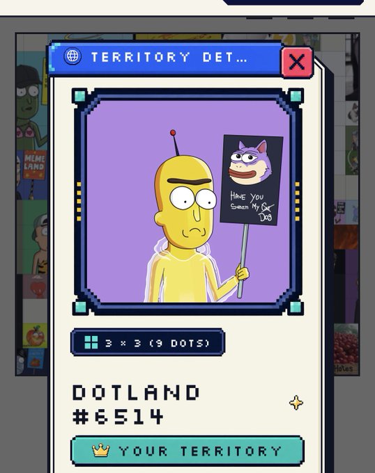 A screenshot of a Dotland territory card (#6514) in a 3x3 grid shows a Simpsons-style alien character holding a sign featuring a cartoon dog with the text "Have You Seen My DOG" — a fitting tribute to the post about $DUKO watching over the user's land.