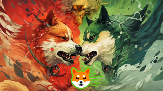 Stylized digital artwork of two snarling dogs—one orange with lightning and one green with water—facing off, with a goat-like creature behind them and a Shiba Inu logo at the bottom.