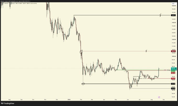 A TradingView chart labeled “Solana / U.S. Dollar · 1D · Coinbase” shows SOL dropping from roughly $190 to the $75–$80 region before rebounding to about $87, with a key horizontal level around $96 highlighted. The marked consolidation and recovery fit the accompanying claim of an “absolutely incredible chart setup on Solana atm.”