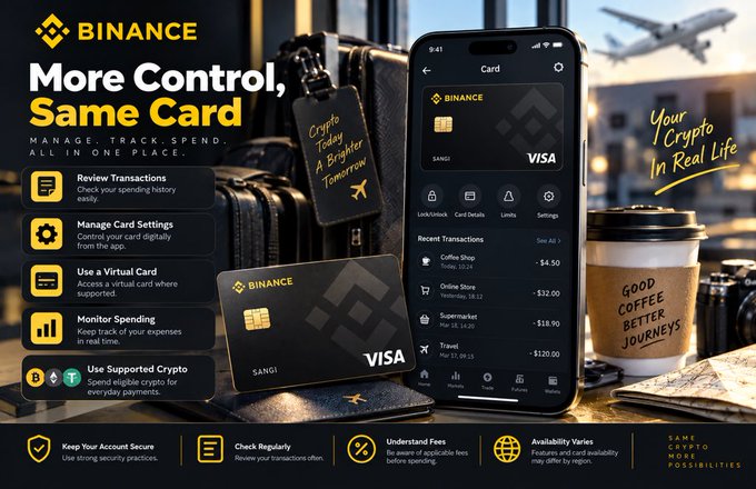 A Binance advertisement titled 'More Control, Same Card,' showing a Visa card, a luggage tag reading 'Crypto Today A Brighter Tomorrow,' and a smartphone app interface with features like 'Review Transactions' and 'Manage Card Settings.'