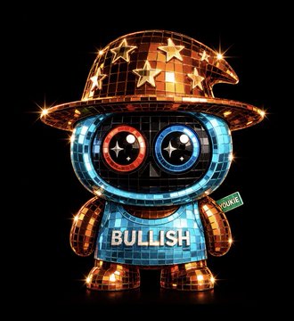 The image features a robot-like figure wearing a hat, standing against a black background with gold stars surrounding its head. The robot has a name tag that reads "Bullish" along with the words "midnight quantum" written on its body. The phrase "Midnight Quantum @ Delphi Ventures researcher just called @quipnetwork the only PoUW project pairing quantum hardware with real optimization problems and noted verification is genuinely easy because checking an answer is always cheaper than finding one." seems to be a reference or description of the image, possibly related to the creator of the robot.