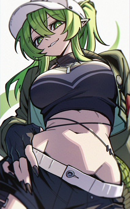 An anime illustration of a green-haired elf-like character with pointed ears, wearing a white cap, dark crop top, and low-rise pants with a white belt, giving a sly smile.