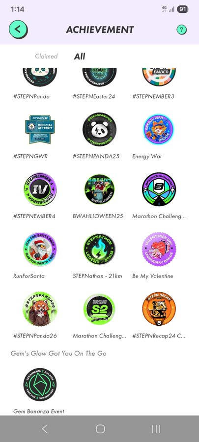 A STEPN app achievements screen displaying various earned badges including #STEPNPanda, #STEPNEaster24, #STEPNEMBER3, #STEPNEMBER4, and RunForSanta.