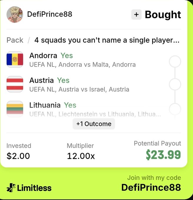 A Limitless betting app screenshot showing user DefiPrince88 purchased a 4-squad pack with outcomes for Andorra, Austria, Lithuania (all marked Yes), investing $2.00 for a potential payout of $23.99 with a 12.00x multiplier.