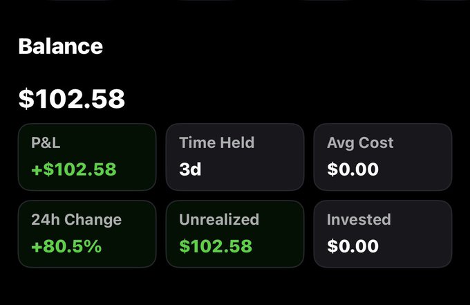A dark-themed financial dashboard displaying a balance of $102.58, with metrics including P&L +$102.58, 3d time held, 24h change +80.5%, and $102.58 unrealized.