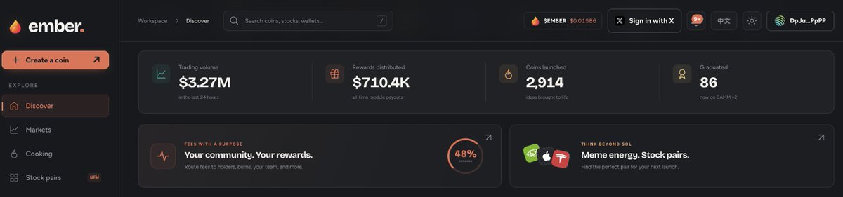 A screenshot of the 'ember.' cryptocurrency platform dashboard showing trading volume of $3.27M, rewards distributed of $710.4K, and 2,914 coins launched.