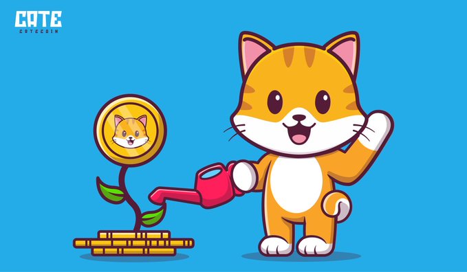 A cheerful orange and white cartoon cat mascot wearing a red glove gives a thumbs-up next to a small plant topped with a gold $CATE coin, set against a bright blue background with the "CATE COIN" logo in the corner, visually representing the OG cat-themed memecoin highlighted in the post.