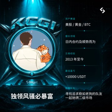 Crypto promotional graphic featuring a man hugging a tiger in a portal, with text 'KEGI', asset types '美股/黄金/BTC', trading field '日内合约及顺势而为', transaction record '2013年至今', minimum number '+10000 USDT', and the Bitget logo.