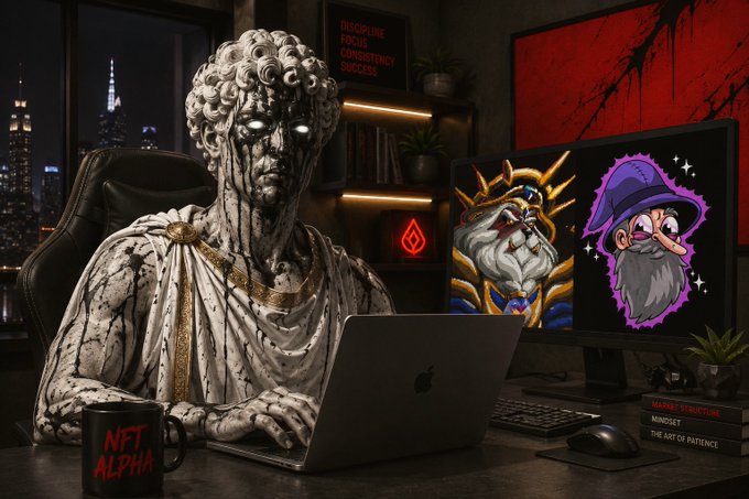 An AI-generated image shows a stone statue of a Roman figure with glowing eyes working on a MacBook at a desk, accompanied by an "NFT ALPHA" mug and displays of cartoon NFT characters.