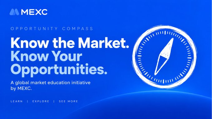 A blue promotional banner for MEXC cryptocurrency exchange with text 'OPPORTUNITY COMPASS - Know the Market. Know Your Opportunities' featuring a compass graphic.