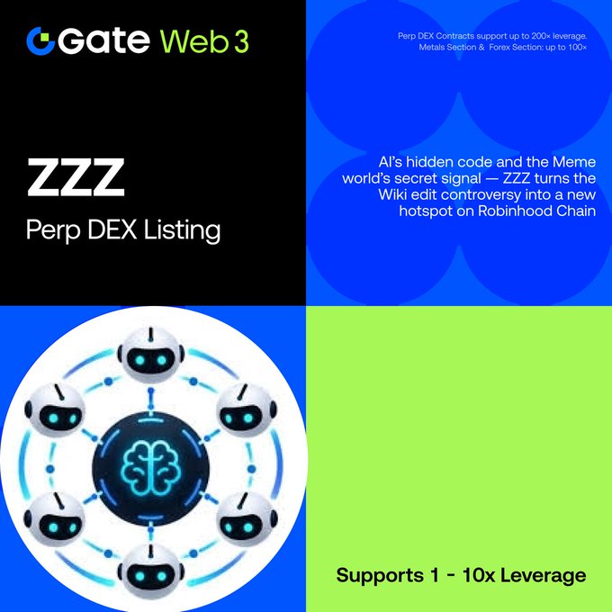 A Gate Web3 promotional graphic announcing the new ZZZ Perp DEX listing, featuring the Gate Web3 logo, a circular AI brain icon with connected robots, and text highlighting the $ZZZ/USDT trading pair with 1-10x leverage on the Robinhood Chain.