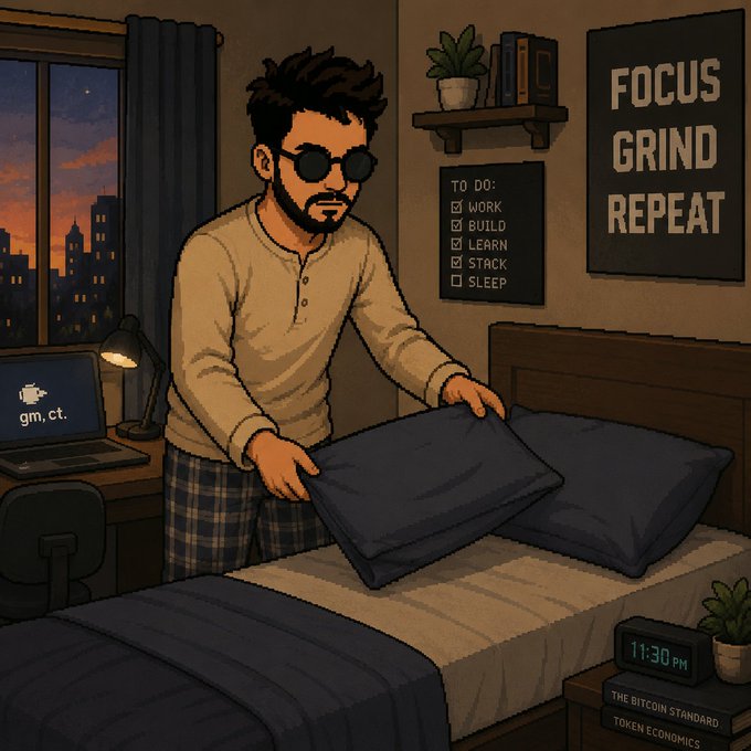 A pixel-art style illustration shows a bearded man in sunglasses making his bed at 11:30 PM, with posters reading 'FOCUS GRIND REPEAT' and a to-do list where only 'SLEEP' is unchecked.