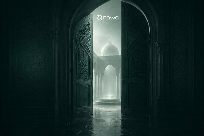 A dark, atmospheric image of an open ornate doorway revealing a glowing white domed hall, with a 'nawa' logo at the top center.