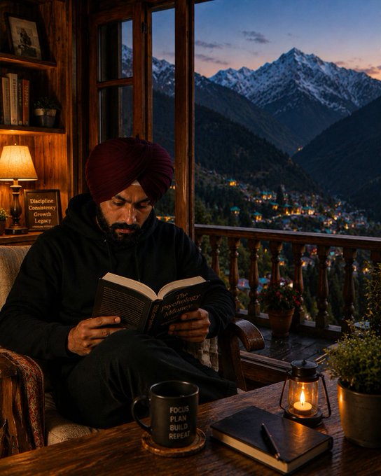 An AI-generated image of a man wearing a maroon turban and black hoodie reading a book ('The Psychology of Money') on a wooden balcony, with a lit lantern, a 'FOCUS PLAN BUILD REPEAT' mug, and snow-capped mountains visible in the background.