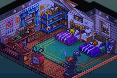 Pixel art isometric view of a bedroom with two beds, a green rug, arcade machines, and a small character standing near the center.