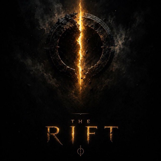 A dramatic dark movie poster titled 'THE RIFT' featuring a glowing golden crack running vertically through a circular, textured object against a black background.