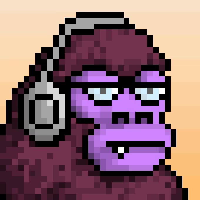 A pixel art illustration of a gorilla wearing headphones with a purple face, set against a peach and orange gradient background.