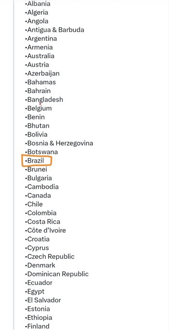 A list of countries in alphabetical order with 'Brazil' highlighted by an orange rectangular box.
