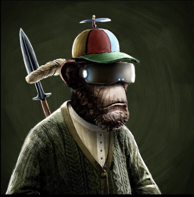 A digital painting of a chimpanzee wearing a colorful baseball cap with a propeller, a green cardigan, and a large VR headset, holding a spear over its shoulder.
