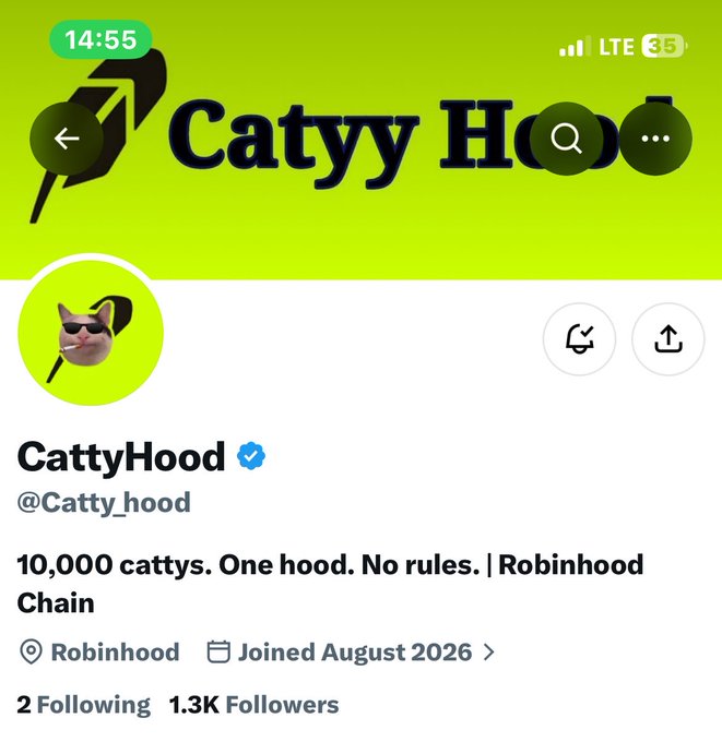 A Twitter/X profile screenshot for 'CattyHood' (@Catty_hood) with the tagline '10,000 cattys. One hood. No rules. | Robinhood Chain', joined August 2026, showing 2 following and 1.3K followers.