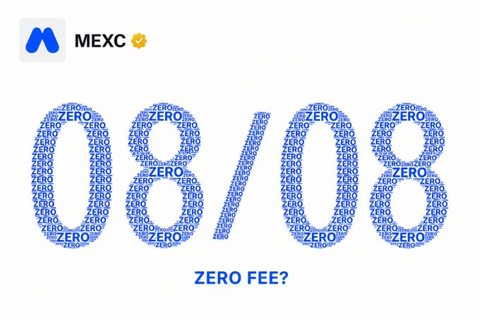 The image features the MEXC logo and a large "0% / 08" graphic composed of repeating "ZERO" text, with "ZERO FEE?" displayed below. It visually reinforces the post's message that MEXC is promoting zero trading fees (0% maker fees) on stock-linked products, distinguishing itself from other exchanges that compete on asset variety rather than trading costs.