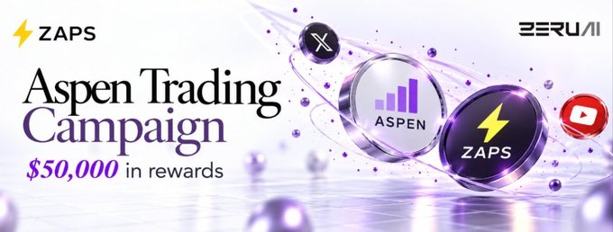 A promotional banner for 'ZAPS' and 'ASPEN' tokens featuring 'Aspen Trading Campaign $50,000 in rewards', showing floating 3D coin graphics with logos against a purple cosmic background.