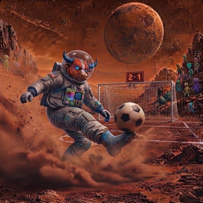 A digital artwork of an astronaut in a spacesuit kicking a soccer ball on a red Mars-like field, with a large planet in the sky, a goal net displaying '2-1', and small alien figures watching from the rocky sidelines.