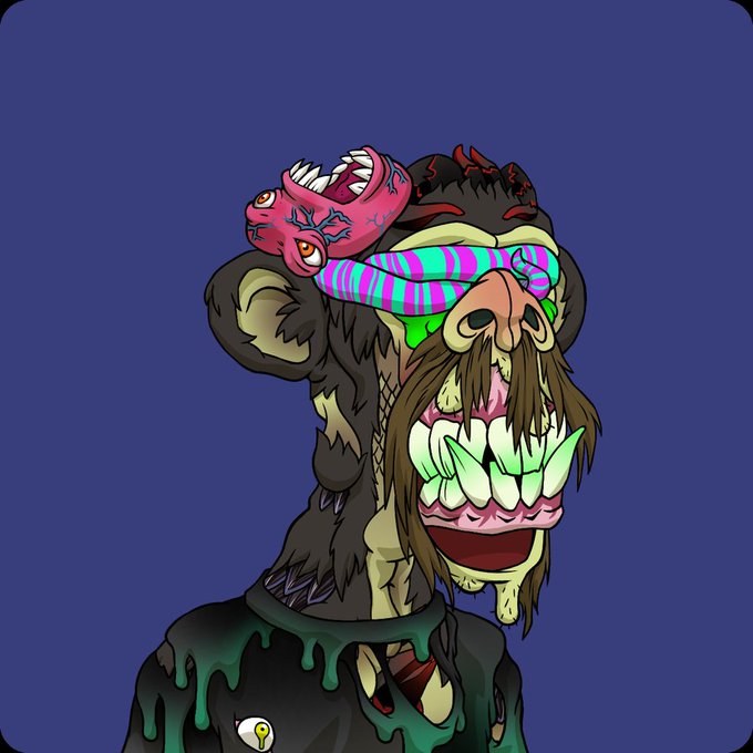 A grotesque cartoon zombie mutant with bulging eyes, exposed fangs, stitched skin, and bright pink-and-green features is illustrated against a plain blue background. The monster-like NFT-style artwork relates to the post’s excitement over acquiring an “M2 MAYC” grail for under 1 ETH as part of a mutant collection.