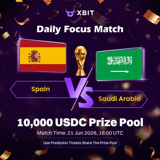 The image features a poster for a competition, with two flags displayed side by side - one representing Spain and the other representing Saudi Arabia. The text on the poster reads "Daily Focus Match" and "XBIT Daily Focus Match", indicating that this is an event where participants can showcase their skills in various fields. The prizes offered are USDC, which suggests it could be a gaming competition or some form of online challenge. The image also includes confetti, adding to the festive atmosphere surrounding the event.