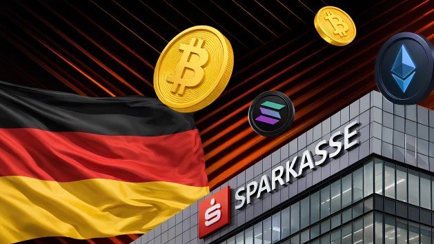 A graphic combining the German flag with a Sparkasse bank building and cryptocurrency coins including Bitcoin and Ethereum in the air.