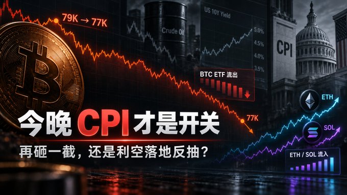 A financial graphic featuring a Bitcoin coin, ETH, and SOL logos with declining chart lines and text in Chinese '今晚 CPI 才是开关' and '再砸一截，还是利空落地反抽？' alongside references to US 10Y Yield, Crude Oil, and BTC ETF outflows.