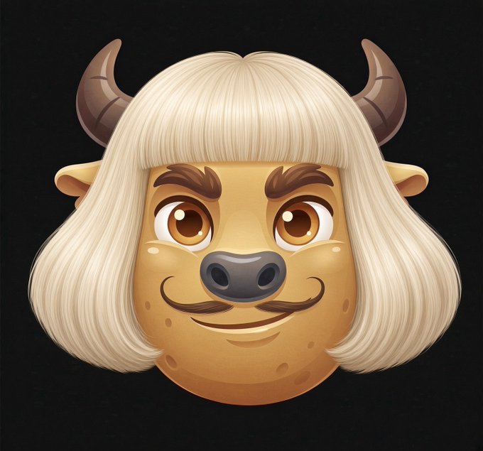 A 3D emoji-style illustration of a smiling bull or cow character with a blonde bob haircut, brown horns, mustache, and large expressive eyes on a black background.